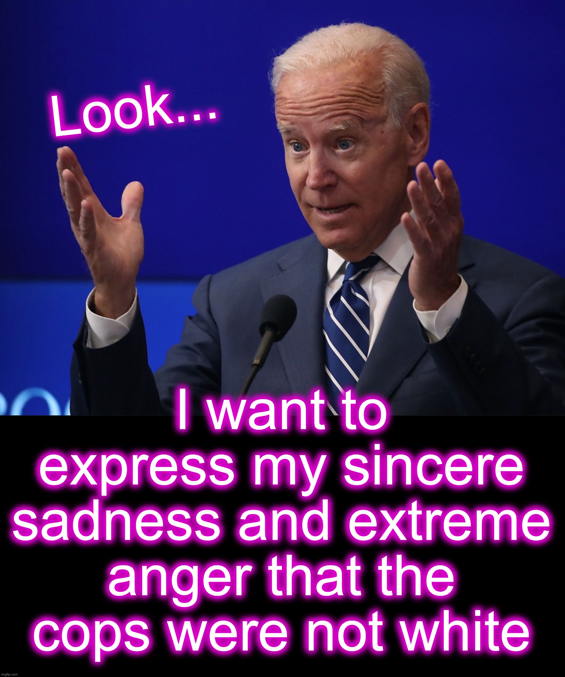 pretty much it 
[warning: may or may not contain satire] | Look... I want to express my sincere sadness and extreme anger that the cops were not white | image tagged in joe biden - hands up,black box | made w/ Imgflip meme maker