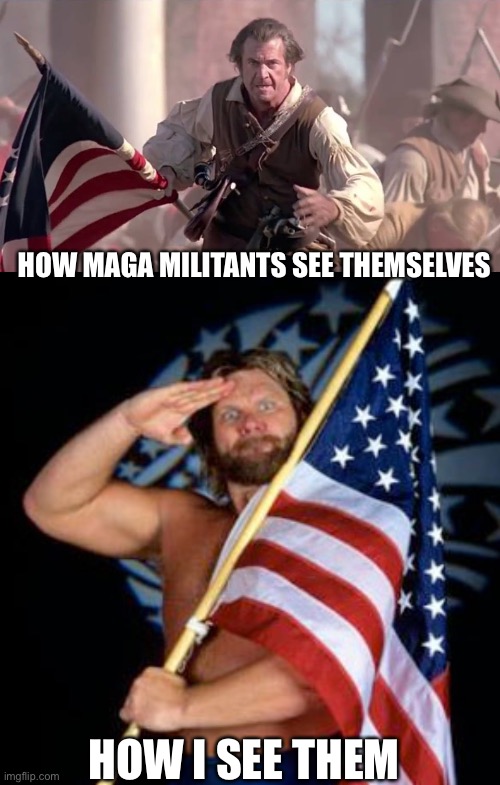 HOW MAGA MILITANTS SEE THEMSELVES; HOW I SEE THEM | image tagged in the patriot,patriotic man | made w/ Imgflip meme maker