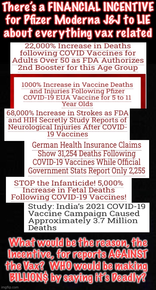 An easy formula to determine Who is More Likely to be LYING.  $$$ | There’s a FINANCIAL INCENTIVE
for Pfizer Moderna J&J to LIE
about everything vax related; What would be the reason, the
Incentive, for reports AGAINST
the Vax?  WHO would be making 
BILLION$ by saying it’s Deadly? | image tagged in memes,get rich by lying,or make no money by lying,if u cant admit it u r deluded,accountability for murderers | made w/ Imgflip meme maker