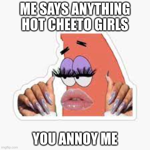 i now this is meme is dead and its kind of mean but i ran out of meme ideas | ME SAYS ANYTHING HOT CHEETO GIRLS; YOU ANNOY ME | image tagged in memes,annoying | made w/ Imgflip meme maker