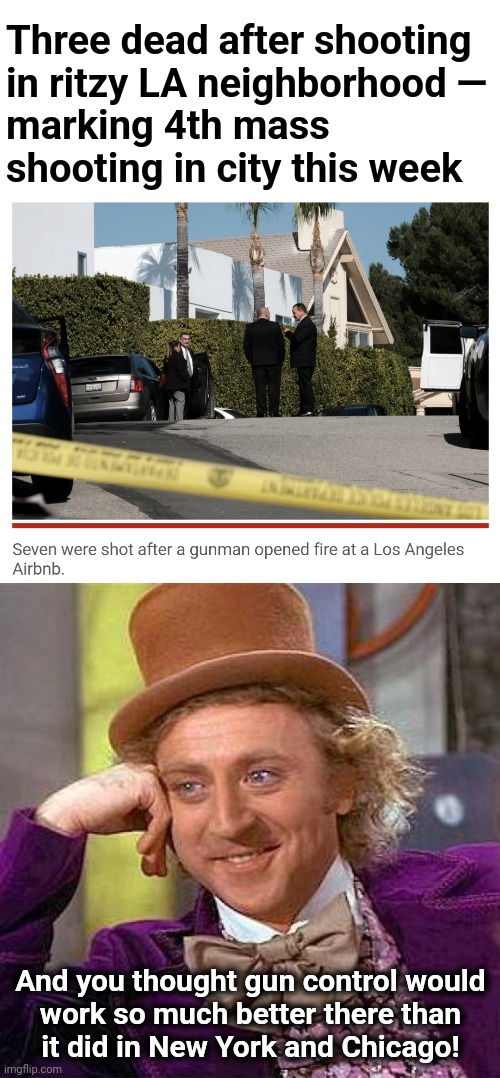 It's like socialism.  Wherever it's tried, it doesn't work. | Three dead after shooting
in ritzy LA neighborhood —
marking 4th mass shooting in city this week; And you thought gun control would
work so much better there than
it did in New York and Chicago! | image tagged in memes,creepy condescending wonka,gun control,los angeles,mass shooting,democrats | made w/ Imgflip meme maker