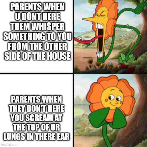 LISTEN | PARENTS WHEN U DONT HERE THEM WHISPER SOMETHING TO YOU FROM THE OTHER SIDE OF THE HOUSE; PARENTS WHEN THEY DON'T HERE YOU SCREAM AT THE TOP OF UR LUNGS IN THERE EAR | image tagged in cuphead flower,parents | made w/ Imgflip meme maker