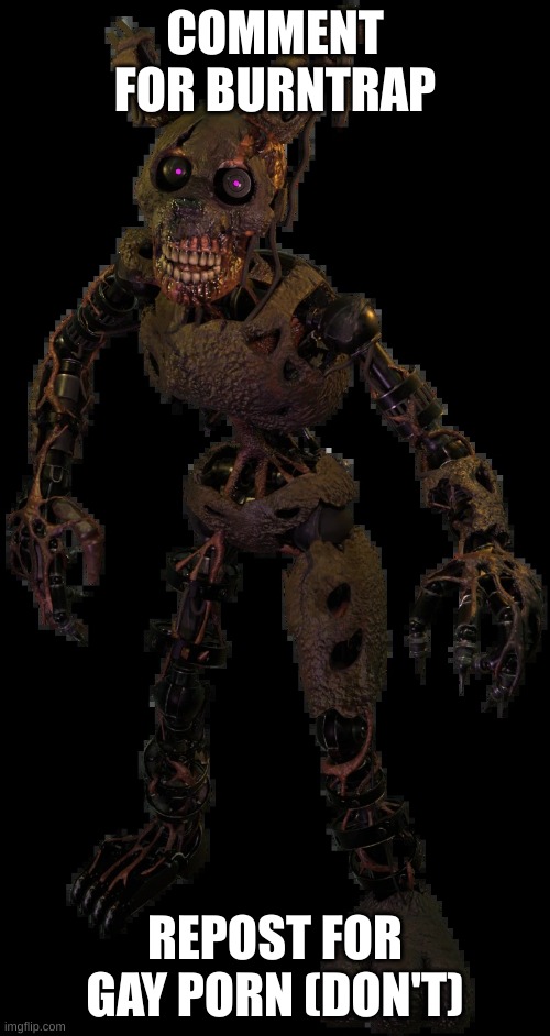 burntrap | COMMENT FOR BURNTRAP; REPOST FOR GAY PORN (DON'T) | image tagged in burntrap | made w/ Imgflip meme maker