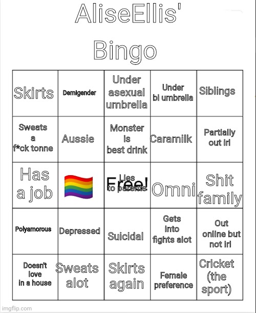 Blank Bingo | AliseEllis'; Bingo; Under asexual umbrella; Siblings; Demigender; Skirts; Under bi umbrella; Monster is best drink; Partially out irl; Sweats a f*ck tonne; Caramilk; Aussie; Lies to parents; Has a job; 🏳️‍🌈; Omni; Shit family; Polyamorous; Depressed; Gets into fights alot; Suicidal; Out online but not irl; Sweats alot; Doesn't love in a house; Skirts again; Cricket (the sport); Female preference | image tagged in blank bingo | made w/ Imgflip meme maker