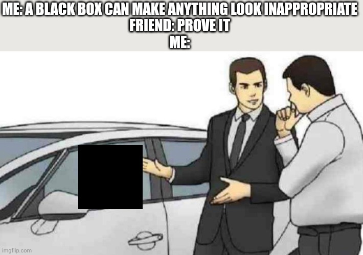 Black box | ME: A BLACK BOX CAN MAKE ANYTHING LOOK INAPPROPRIATE
FRIEND: PROVE IT
ME: | image tagged in memes,car salesman slaps roof of car | made w/ Imgflip meme maker