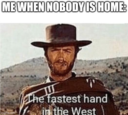 fastest hand in the west | ME WHEN NOBODY IS HOME: | image tagged in fastest hand in the west,ayo,sus,that's what she said,masturbation,idk | made w/ Imgflip meme maker