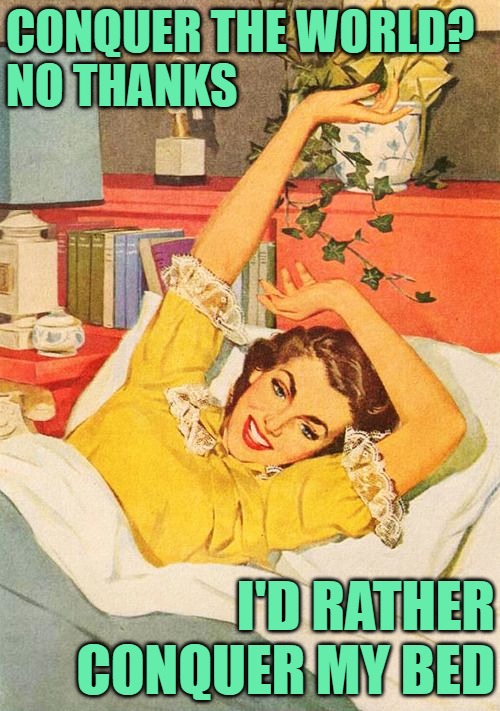 The Conquering Housewife | CONQUER THE WORLD?
NO THANKS; I'D RATHER CONQUER MY BED | image tagged in vintage,housewife,sassy,funny memes,lol,stay home | made w/ Imgflip meme maker