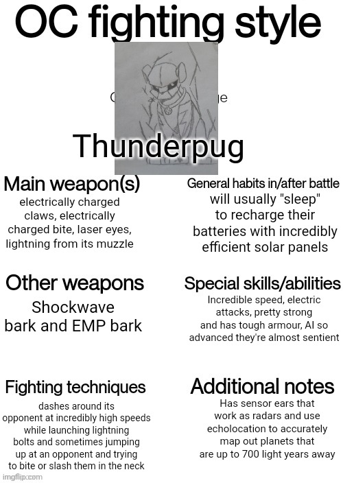 Thunderpugs stats are pretty damn high too | Thunderpug; will usually "sleep" to recharge their batteries with incredibly efficient solar panels; electrically charged claws, electrically charged bite, laser eyes, lightning from its muzzle; Incredible speed, electric attacks, pretty strong and has tough armour, AI so advanced they're almost sentient; Shockwave bark and EMP bark; Has sensor ears that work as radars and use echolocation to accurately map out planets that are up to 700 light years away; dashes around its opponent at incredibly high speeds while launching lightning bolts and sometimes jumping up at an opponent and trying to bite or slash them in the neck | image tagged in oc fighting style | made w/ Imgflip meme maker