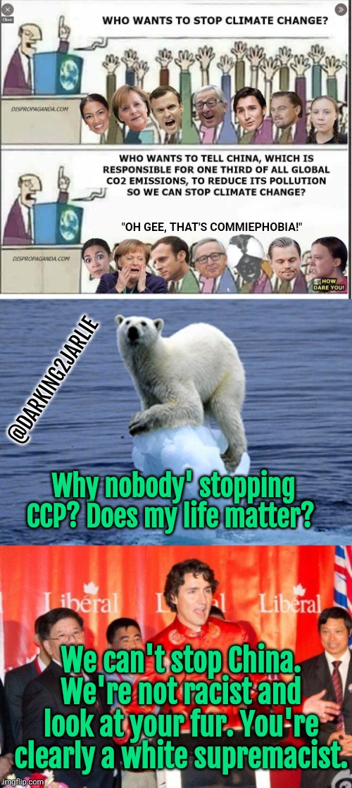 Environment is racist. | "OH GEE, THAT'S COMMIEPHOBIA!"; @DARKING2JARLIE; Why nobody' stopping CCP? Does my life matter? We can't stop China. We're not racist and look at your fur. You're clearly a white supremacist. | image tagged in global warming polar bear,liberals,liberal logic,climate change,environment,china | made w/ Imgflip meme maker