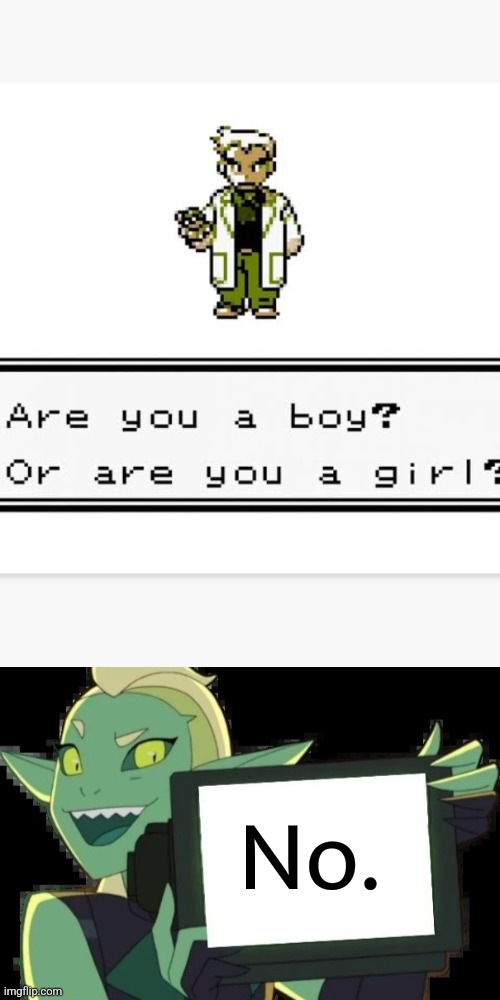 Prepare for Trouble, and make it Double! | No. | image tagged in are you a boy or are you a girl,double trouble template,non binary,she-ra,pokemon,lgbt | made w/ Imgflip meme maker