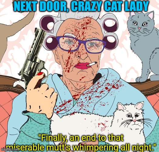NEXT DOOR, CRAZY CAT LADY "Finally, an end to that miserable mutt's whimpering all night." | made w/ Imgflip meme maker