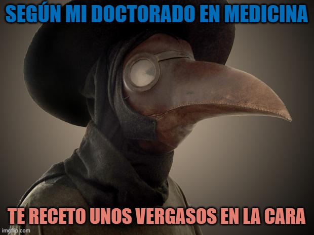 Plague Doctor | SEGÚN MI DOCTORADO EN MEDICINA; TE RECETO UNOS VERGASOS EN LA CARA | image tagged in plague doctor | made w/ Imgflip meme maker