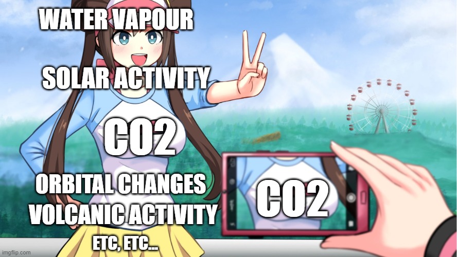 How 'Climate Science' works these days | WATER VAPOUR; SOLAR ACTIVITY; CO2; CO2; ORBITAL CHANGES; VOLCANIC ACTIVITY; ETC, ETC... | image tagged in anime boobs | made w/ Imgflip meme maker