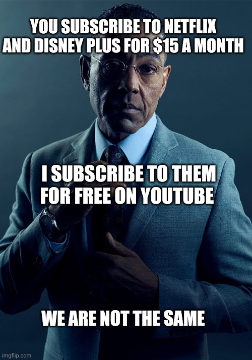 Gus Fring we are not the same | YOU SUBSCRIBE TO NETFLIX AND DISNEY PLUS FOR $15 A MONTH; I SUBSCRIBE TO THEM FOR FREE ON YOUTUBE; WE ARE NOT THE SAME | image tagged in gus fring we are not the same | made w/ Imgflip meme maker