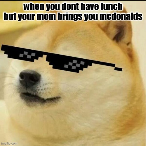 Sunglass Doge | when you dont have lunch but your mom brings you mcdonalds | image tagged in sunglass doge | made w/ Imgflip meme maker