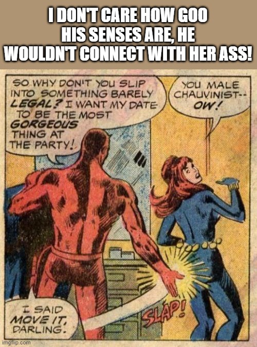 Daredevil Slap | I DON'T CARE HOW GOO HIS SENSES ARE, HE WOULDN'T CONNECT WITH HER ASS! | image tagged in daredevil | made w/ Imgflip meme maker