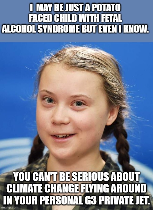 yep | I  MAY BE JUST A POTATO FACED CHILD WITH FETAL ALCOHOL SYNDROME BUT EVEN I KNOW. YOU CAN'T BE SERIOUS ABOUT CLIMATE CHANGE FLYING AROUND IN YOUR PERSONAL G3 PRIVATE JET. | image tagged in greta thunberg | made w/ Imgflip meme maker
