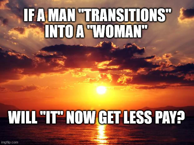 Sunset |  IF A MAN "TRANSITIONS" INTO A "WOMAN"; WILL "IT" NOW GET LESS PAY? | image tagged in sunset | made w/ Imgflip meme maker