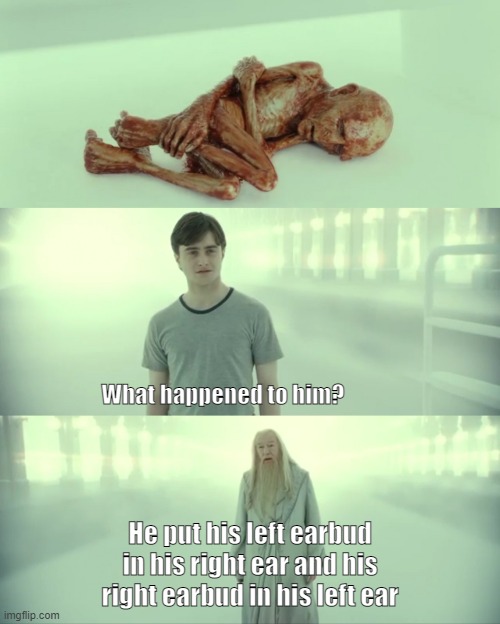 Harry Potter and Dumbledore | What happened to him? He put his left earbud in his right ear and his right earbud in his left ear | image tagged in harry potter and dumbledore | made w/ Imgflip meme maker