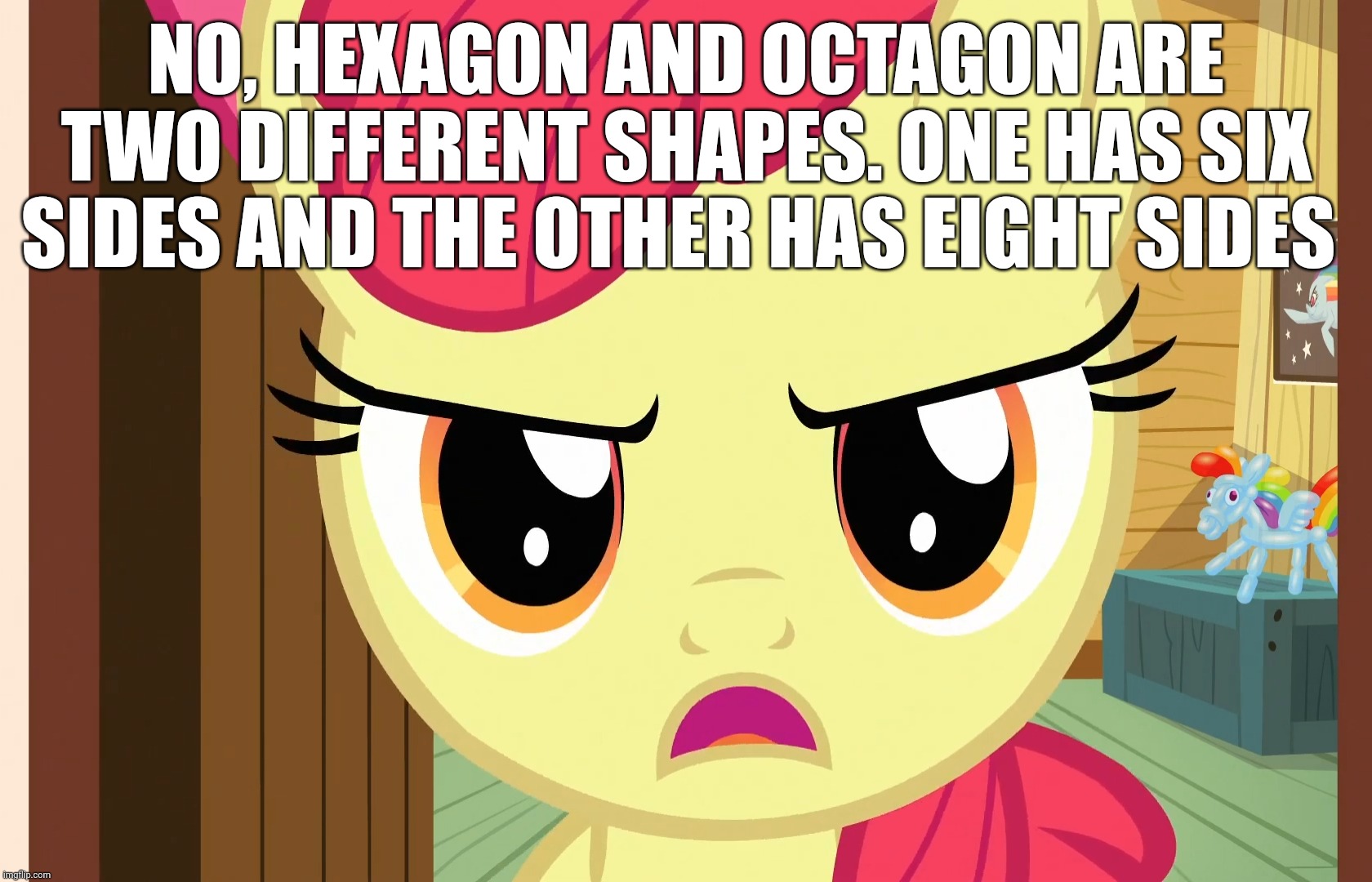 NO, HEXAGON AND OCTAGON ARE TWO DIFFERENT SHAPES. ONE HAS SIX SIDES AND THE OTHER HAS EIGHT SIDES | made w/ Imgflip meme maker