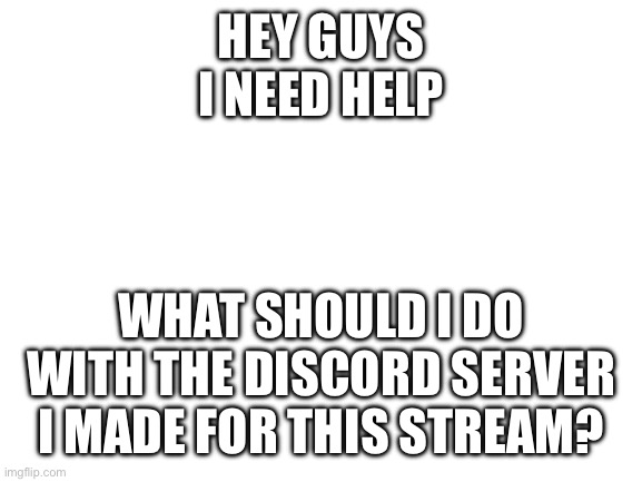 If you do want to join and make it a separate server for fun and role play then I can do that | HEY GUYS I NEED HELP; WHAT SHOULD I DO WITH THE DISCORD SERVER I MADE FOR THIS STREAM? | image tagged in blank white template,help | made w/ Imgflip meme maker