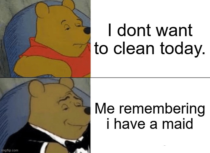 i remember | I dont want to clean today. Me remembering i have a maid | image tagged in memes,tuxedo winnie the pooh | made w/ Imgflip meme maker