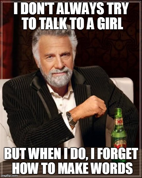 Why is it so difficult?!  | I DON'T ALWAYS TRY TO TALK TO A GIRL BUT WHEN I DO, I FORGET HOW TO MAKE WORDS | image tagged in memes,the most interesting man in the world | made w/ Imgflip meme maker