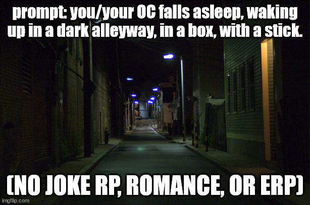 Dark Alleyway | prompt: you/your OC falls asleep, waking up in a dark alleyway, in a box, with a stick. (NO JOKE RP, ROMANCE, OR ERP) | image tagged in dark alleyway | made w/ Imgflip meme maker