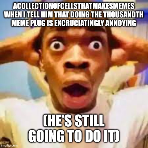 https://imgflip.com/i/78o2s1 | ACOLLECTIONOFCELLSTHATMAKESMEMES WHEN I TELL HIM THAT DOING THE THOUSANDTH MEME PLUG IS EXCRUCIATINGLY ANNOYING; (HE’S STILL GOING TO DO IT) | image tagged in fr ong | made w/ Imgflip meme maker