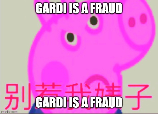 Gardi is fake | GARDI IS A FRAUD; GARDI IS A FRAUD | image tagged in chinese george pig | made w/ Imgflip meme maker
