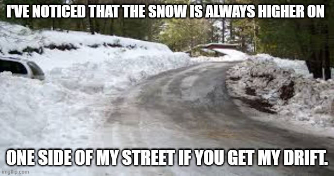 meme by Brad snow drift | I'VE NOTICED THAT THE SNOW IS ALWAYS HIGHER ON; ONE SIDE OF MY STREET IF YOU GET MY DRIFT. | image tagged in snow | made w/ Imgflip meme maker