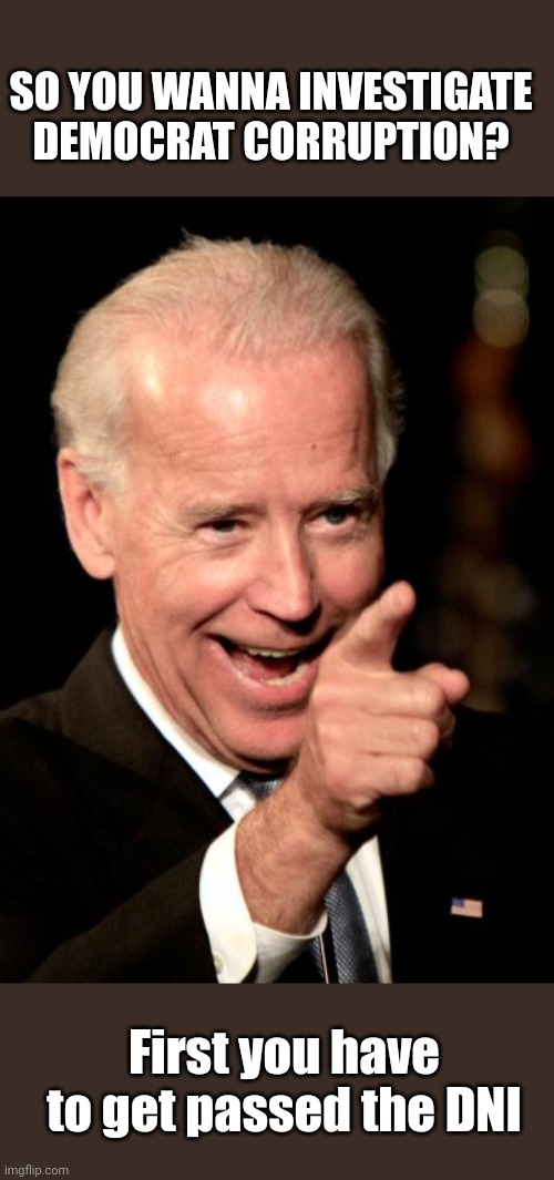 Smilin Biden | SO YOU WANNA INVESTIGATE DEMOCRAT CORRUPTION? First you have to get passed the DNI | image tagged in memes,smilin biden | made w/ Imgflip meme maker