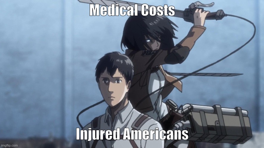 meme | Medical Costs; Injured Americans | image tagged in mikasa slash marco | made w/ Imgflip meme maker