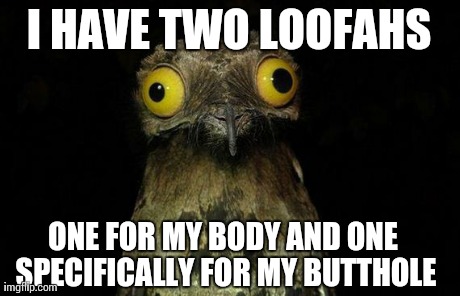 Weird Stuff I Do Potoo Meme | I HAVE TWO LOOFAHS ONE FOR MY BODY AND ONE SPECIFICALLY FOR MY BUTTHOLE | image tagged in memes,weird stuff i do potoo,AdviceAnimals | made w/ Imgflip meme maker