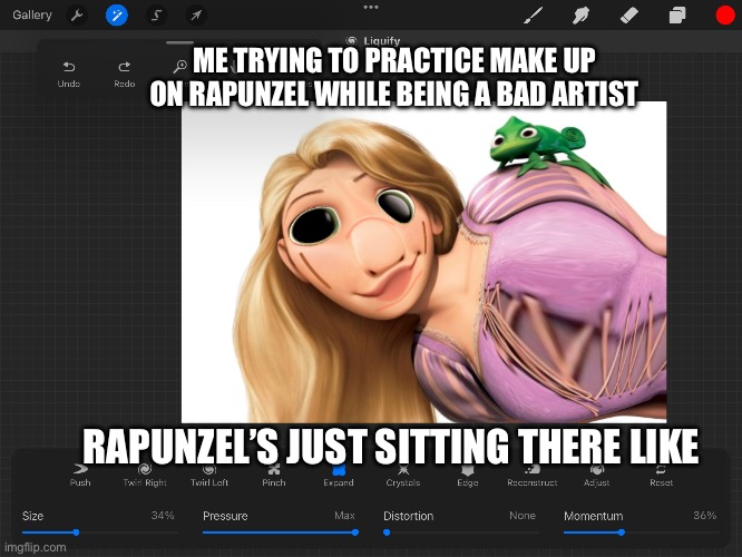 Rapunzel | ME TRYING TO PRACTICE MAKE UP ON RAPUNZEL WHILE BEING A BAD ARTIST; RAPUNZEL’S JUST SITTING THERE LIKE | image tagged in make up | made w/ Imgflip meme maker