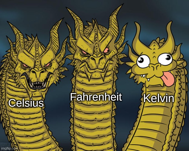 Three-headed Dragon | Fahrenheit; Kelvin; Celsius | image tagged in three-headed dragon | made w/ Imgflip meme maker