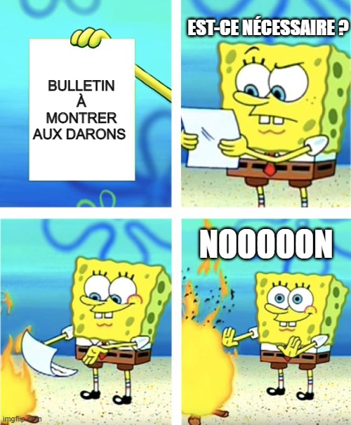 Spongebob Burning Paper | EST-CE NÉCESSAIRE ? BULLETIN À MONTRER AUX DARONS; NOOOOON | image tagged in spongebob burning paper | made w/ Imgflip meme maker