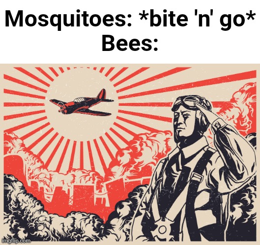 Imperial Japanese Kamikaze Pilot Propaganda Poster | Mosquitoes: *bite 'n' go*

Bees: | image tagged in imperial japanese kamikaze pilot propaganda poster | made w/ Imgflip meme maker