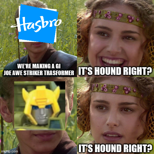 hasbro making new toys | WE'RE MAKING A GI JOE AWE STRIKER TRASFORMER; IT'S HOUND RIGHT? IT'S HOUND RIGHT? | image tagged in anakin padme 4 panel,Transformemes | made w/ Imgflip meme maker