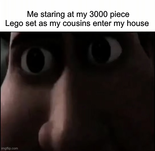 Bro I don’t got games on my phone | Me staring at my 3000 piece Lego set as my cousins enter my house | image tagged in titan staring,meme,cousin | made w/ Imgflip meme maker
