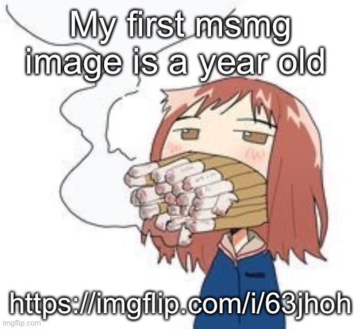 Haruko smoke | My first msmg image is a year old; https://imgflip.com/i/63jhoh | image tagged in haruko smoke | made w/ Imgflip meme maker