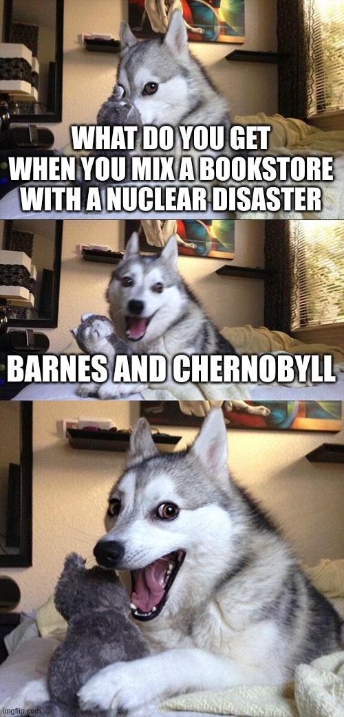 Bad Pun Dog | WHAT DO YOU GET WHEN YOU MIX A BOOKSTORE WITH A NUCLEAR DISASTER; BARNES AND CHERNOBYLL | image tagged in memes,bad pun dog | made w/ Imgflip meme maker