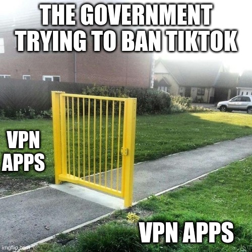 Useless fence meme | THE GOVERNMENT TRYING TO BAN TIKTOK; VPN APPS; VPN APPS | image tagged in useless fence meme,memes | made w/ Imgflip meme maker