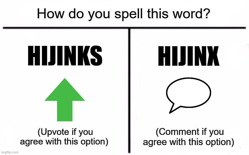 A little test I decided to do | How do you spell this word? HIJINKS; HIJINX; (Comment if you agree with this option); (Upvote if you agree with this option) | image tagged in memes,who would win,comparison | made w/ Imgflip meme maker