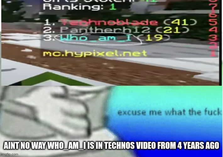 aint no way? | AINT NO WAY WHO_AM_I IS IN TECHNOS VIDEO FROM 4 YEARS AGO | image tagged in excuse me what the f ck | made w/ Imgflip meme maker