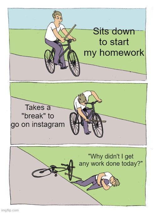Bike Fall | Sits down to start my homework; Takes a "break" to go on instagram; "Why didn't I get any work done today?" | image tagged in memes,bike fall | made w/ Imgflip meme maker