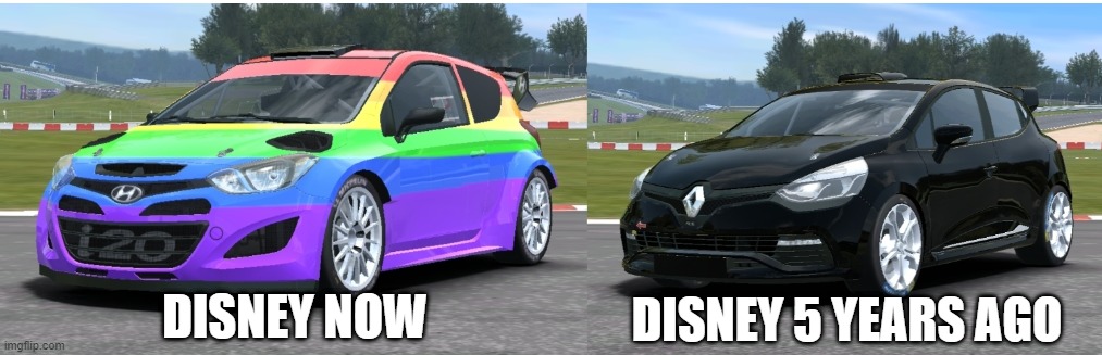 Rainbow and goth cars |  DISNEY 5 YEARS AGO; DISNEY NOW | image tagged in rainbow and goth cars,memes,funny,lgbtq,disney | made w/ Imgflip meme maker