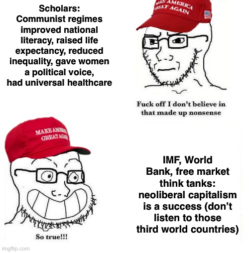 Obviously the scholars are lying and the bourgeois are telling us the truth | Scholars: Communist regimes improved national literacy, raised life expectancy, reduced inequality, gave women a political voice, had universal healthcare; IMF, World Bank, free market think tanks: neoliberal capitalism is a success (don’t listen to those third world countries) | image tagged in maga so true,capitalism,socialism,communism,propaganda,neoliberalism | made w/ Imgflip meme maker