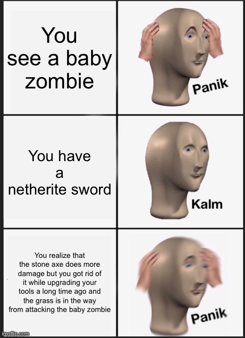 It’s true tho | You see a baby zombie; You have a netherite sword; You realize that the stone axe does more damage but you got rid of it while upgrading your tools a long time ago and the grass is in the way from attacking the baby zombie | image tagged in memes,panik kalm panik,minecraft,memenade | made w/ Imgflip meme maker