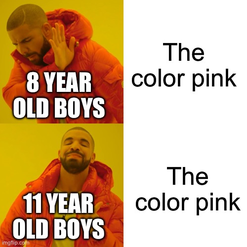 On the color pink | The color pink; 8 YEAR OLD BOYS; The color pink; 11 YEAR OLD BOYS | image tagged in memes,drake hotline bling | made w/ Imgflip meme maker